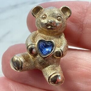Avon Lapel Pin Teddy Bear Blue Rhinestone Heart September Vintage